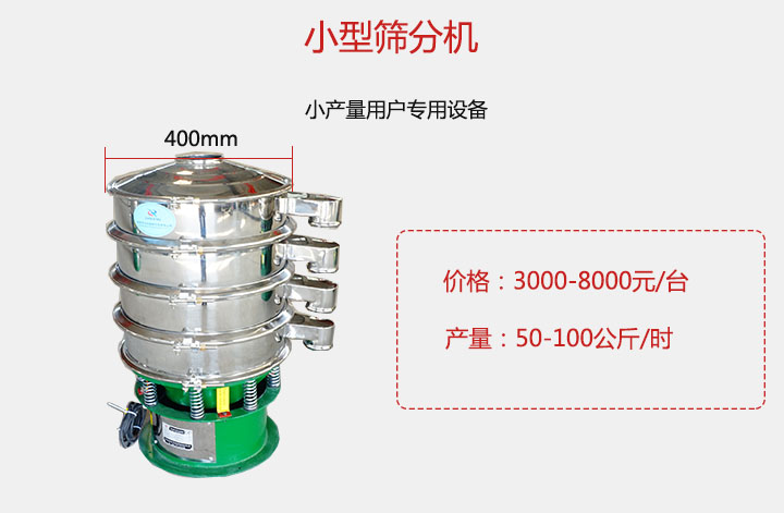 小型篩分機產(chǎn)量可達(dá)100公斤/時，價格3000元起。