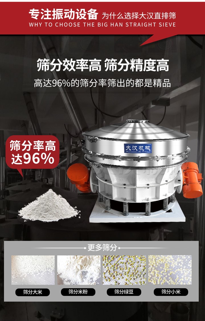 直排篩適用物料有面粉，淀粉，洗衣粉，金屬粉，添加劑，化工，非礦等行業(yè)。